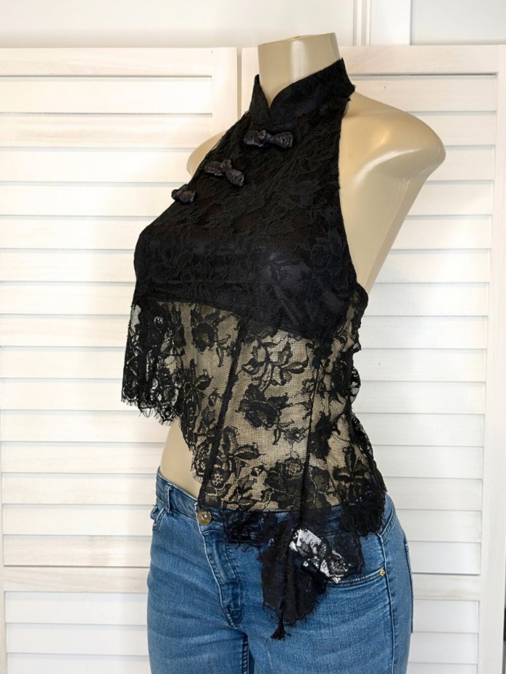 Chocolate USA Black Mandarin Collar Lace Halter Top - Picture 5 of 9